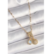 316L Çelik Gold Renk Zincir Zirkon Taşlı Sallantı Mavi Sedefli Damla Figür Kadın Kolye - TJ-BKO9886