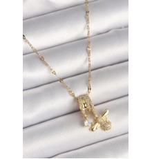 316L Çelik Gold Renk Zincir Sallantı Zirkon Taşlı Arı Figür Damla Detay Kadın Kolye - TJ-BKO9887