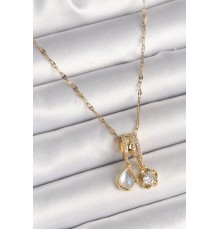 316L Çelik Gold Renk Zincir Sallantı Zirkon Taşlı Çiçek Figür Mavi Sedefli Damla Detay Kadın Kolye - TJ-BKO9888