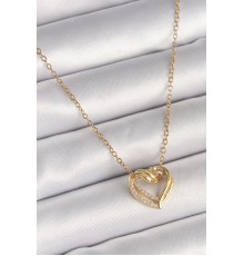 316L Çelik Gold Renk Zincir Zirkon Taşlı Kalp Model Kadın Kolye - TJ-BKO9890