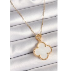 316L Çelik Gold Renk Zincir Zirkon Taş Detaylı Beyaza Yonca Model Kadın Kolye - TJ-BKO9893