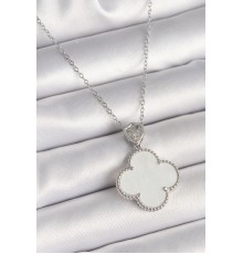 316L Çelik Gümüş Renk Zincir Zirkon Taş Detaylı Beyaz Yonca Model Kadın Kolye - TJ-BKO9894