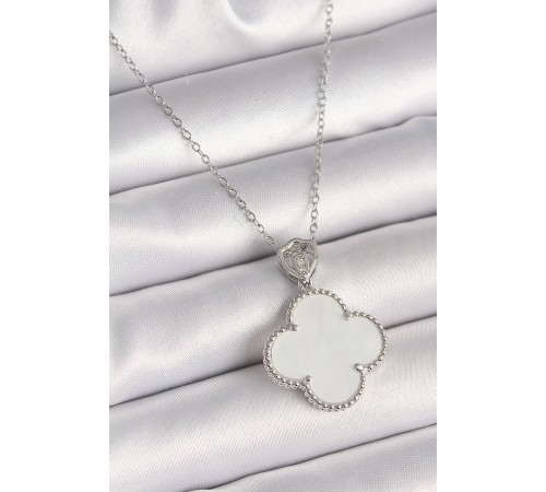316L Çelik Gümüş Renk Zincir Zirkon Taş Detaylı Beyaz Yonca Model Kadın Kolye - TJ-BKO9894