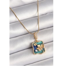 316L Çelik Gold Renk Zincir Zirkon Taş Detaylı Mavi İşlemeli Çiçek Portre Model Kadın Kolye - TJ-BKO9897