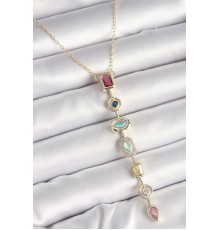 Pirinç Gold Renk Zirkon Taşlı Baget Dekolta Model Kadın Kolye - TJ-BKO9899