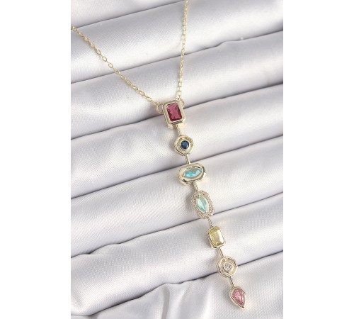 Pirinç Gold Renk Zirkon Taşlı Baget Dekolta Model Kadın Kolye - TJ-BKO9899