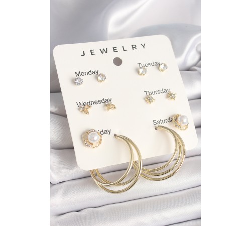 Pirinç Gold Renk Zirkon Taşlı İncili Halka Figür 7'Li Set Model Kadın Küpe Seti - TJ-BKP10319