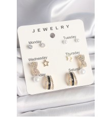 Pirinç Gold Renk Zirkon Taş Yıldız Detaylı İncili 7'Li Set Kadın Küpe Seti - TJ-BKP10320