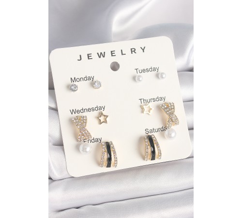 Pirinç Gold Renk Zirkon Taş Yıldız Detaylı İncili 7'Li Set Kadın Küpe Seti - TJ-BKP10320