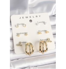 Pirinç Gold Renk Zirkon Taşlı Yıldız Detay Halka Figür 7'Li Set Kadın Küpe - TJ-BKP10321