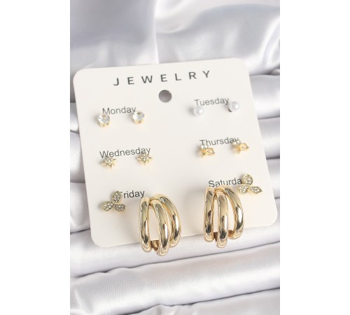 Pirinç Gold Renk Zirkon Taşlı Yıldız Detay Halka Figür 7'Li Set Kadın Küpe - TJ-BKP10321