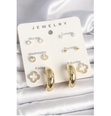 Pirinç Gold Renk Zirkon Taşlı Yonca Halka Figür 7'Li Set Kadın Küpe - TJ-BKP10322