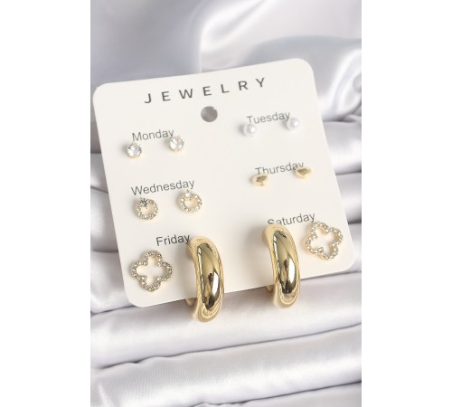 Pirinç Gold Renk Zirkon Taşlı Yonca Halka Figür 7'Li Set Kadın Küpe - TJ-BKP10322