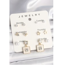 Pirinç Gold Renk Zirkon Taşlı Yıldız Figür Sallantı Beyaz Mineli Model 7'Li Kadın Küpe Seti - TJ-BKP10323