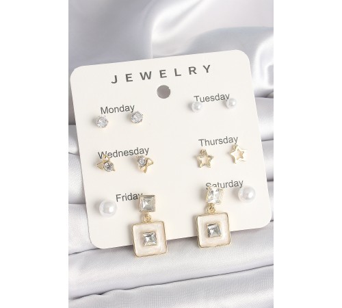 Pirinç Gold Renk Zirkon Taşlı Yıldız Figür Sallantı Beyaz Mineli Model 7'Li Kadın Küpe Seti - TJ-BKP10323