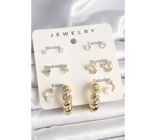 Pirinç Gold Renk Zirkon Taşlı Sarmal Halka Model 7'Li Kadın Küpe Seti - TJ-BKP10324