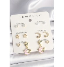 Pirinç Gold Renk Zirkon Taşlı Hilal Figür İnci Detay Sallantı Yıldız Hilal Figür 7'Li Kadın Küpe Seti - TJ-BKP10325