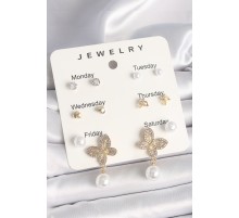 Pirinç Gold Renk Sallantı Zirkon Taşlı Figür İnci Detay 7'Li Kadın Küpe Seti - TJ-BKP10326