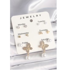 Pirinç Gold Renk Sallantı Zirkon Taşlı Figür İnci Detay 7'Li Kadın Küpe Seti - TJ-BKP10326