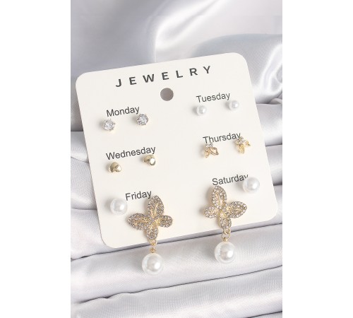 Pirinç Gold Renk Sallantı Zirkon Taşlı Figür İnci Detay 7'Li Kadın Küpe Seti - TJ-BKP10326