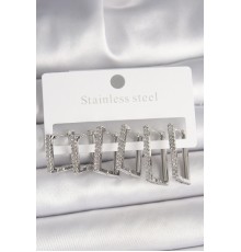 Pirinç Gümüş Renk Zirkon Taşlı Kare 3 Çift Kare Model Kadın Küpe - TJ-BKP10327