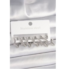 Pirinç Gümüş Renk Zirkon Taşlı 3 Çift Yıldız Model Kadın Küpe - TJ-BKP10331