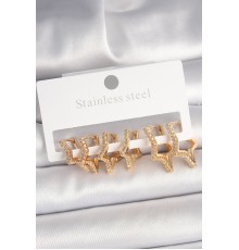 Pirinç Gold Renk Zirkon Taşlı 3 Çift Yıldız Model Kadın Küpe - TJ-BKP10332