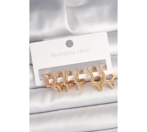 Pirinç Gold Renk Zirkon Taşlı 3 Çift Yıldız Model Kadın Küpe - TJ-BKP10332