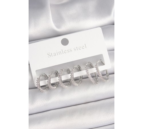 Pirinç Gümüş Renk Zirkon Taşlı 3 Çift Halka Model Kadın Küpe - TJ-BKP10335