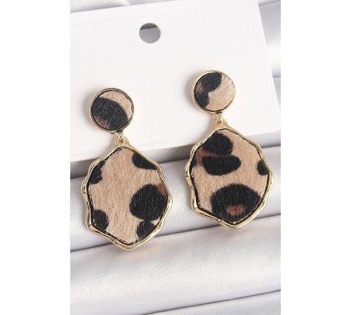 Pirinç Gold Renk Sallantı Leopar Desen Plaka Model Kadın Küpe - TJ-BKP10340