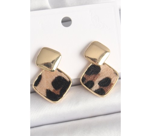 Pirinç Gold Renk Sallant Kare Leopar Desen Model Kadın Küpe - TJ-BKP10341