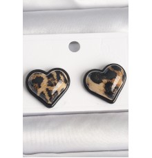 Pirinç Siyah Renk Leopar Desen 3D Kalp Model Kadın Küpe - TJ-BKP10344