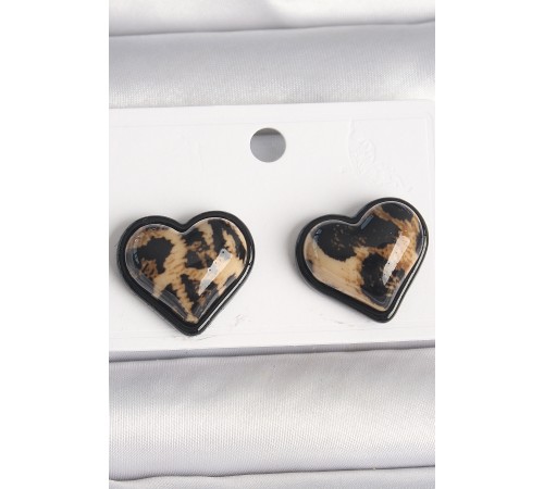 Pirinç Siyah Renk Leopar Desen 3D Kalp Model Kadın Küpe - TJ-BKP10344
