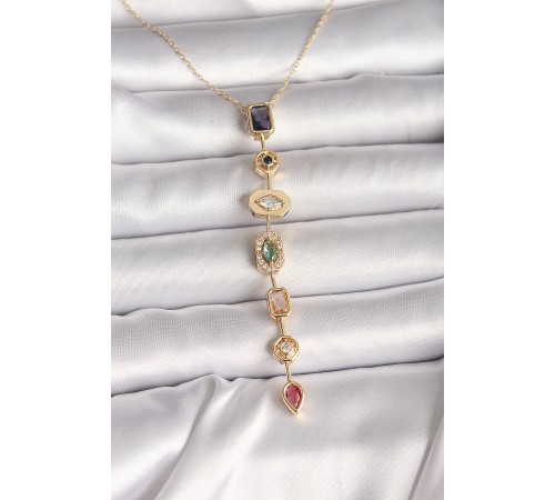 Pirinç Gold Renk Zirkon Taşlı Baget Dekolte Model Kadın Kolye - TJ-BKO9900