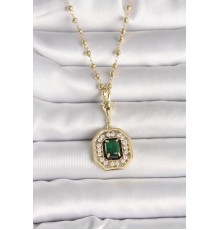 316L Çelik Gold Renk Topçuk Zincir Yeşil Taşlı Seranay Model Kadın Kolye - TJ-BKO9901