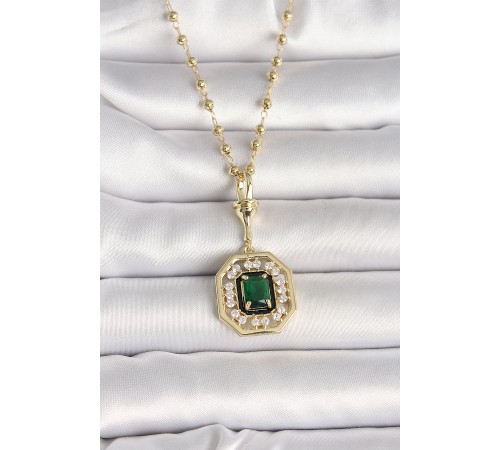 316L Çelik Gold Renk Topçuk Zincir Yeşil Taşlı Seranay Model Kadın Kolye - TJ-BKO9901