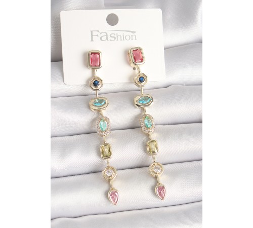 Pirinç Gold Renk Renkli Zirkon Taşlı Sallantı Model Kadın Küpe - TJ-BKP10357