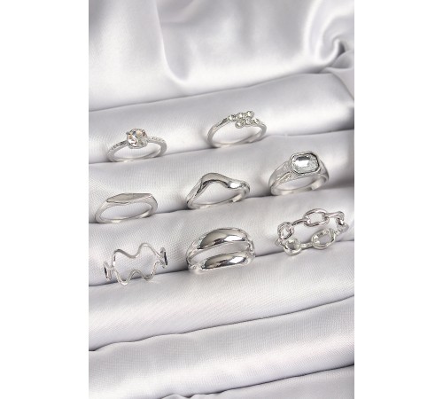 Pirinç Gümüş Renk Zirkon Taşlı Zincir Model Detay Kadın Yüzük Kombini - TJ-BYK3647