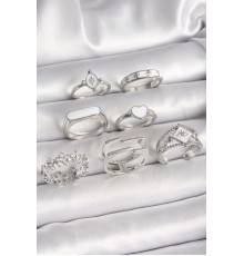 Pirinç Gümüş Renk Beyaz Mineli Kalp Çiçek Detay Kadın Yüzük Kombin - TJ-BYK3648
