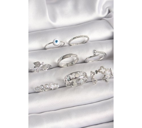 Pirinç Gümüş Renk Nazar Boncuk Detay İncili İşlemeli Kadın Yüzük Kombini - TJ-BYK3649