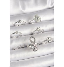 Pirinç Gümüş Renk Yonca Figür Sonsuzluk Zirkon Taşlı Kalp Detay Kadın Yüzük Kombini - TJ-BYK3650