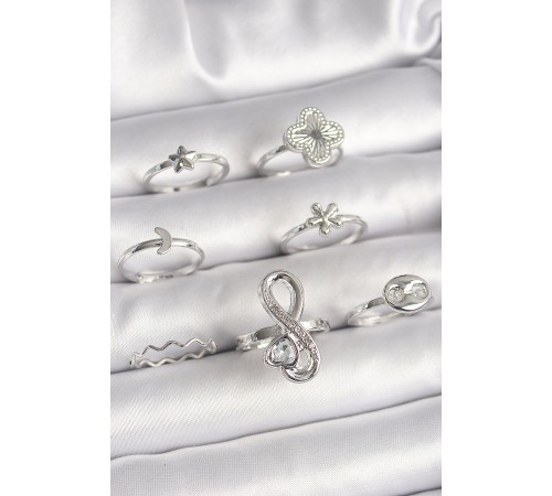 Pirinç Gümüş Renk Yonca Figür Sonsuzluk Zirkon Taşlı Kalp Detay Kadın Yüzük Kombini - TJ-BYK3650