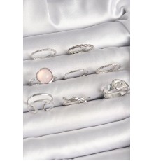 Pirinç Gümüş Renk Pembe Mineli Kemer Düğüm Figür Kadın Yüzük Kombini - TJ-BYK3652