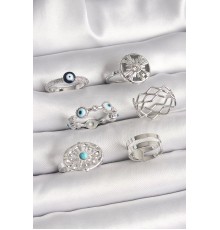 Pirinç Gümüş Renk Nazar Boncuk Zirkon Taş Detaylı Dalga Figür Kadın Yüzük Kombini - TJ-BYK3653