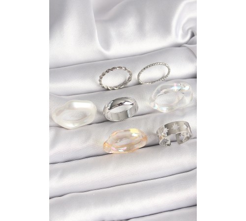 Pirinç Gümüş Renk Beyaz Akrilik Plastik Model Kutup Yıldız İşleme Detaylı Kadın Yüzük Kombini - TJ-BYK3655