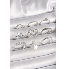 Pirinç Gümüş Renk Zirkon Taşlı Kalp Figür Yıldız Detay Kadın Yüzük Kombini - TJ-BYK3656