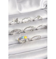 Pirinç Gümüş Renk Renkli Kalp Zirkon Taş Detaylı Kadın Yüzük Kombini - TJ-BYK3657