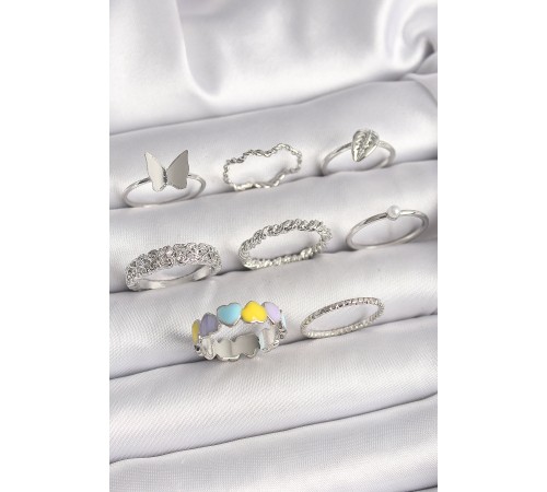 Pirinç Gümüş Renk Renkli Kalp Zirkon Taş Detaylı Kadın Yüzük Kombini - TJ-BYK3657