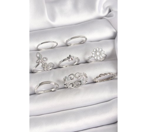 Pirinç Gümüş Renk Zirkon Taşlı Figür Çiçek Yıldız Detay Kadın Yüzük Kombini - TJ-BYK3658