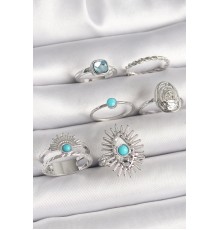 Pirinç Gümüş Renk Mavi Taşlı Kare Zirkon Taş Detaylı Kadın Yüzük Kombini - TJ-BYK3659